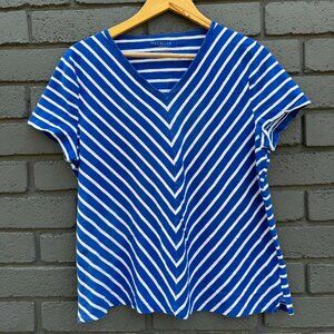 Talbots 100% Cotton Striped Pattern Top T-shirt Blue White V Neck XL Casual